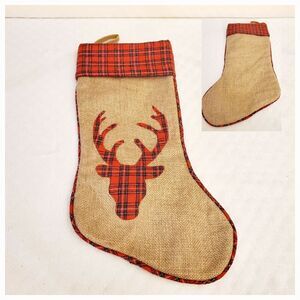 Burlap Plaid Reindeer Christmas Stocking